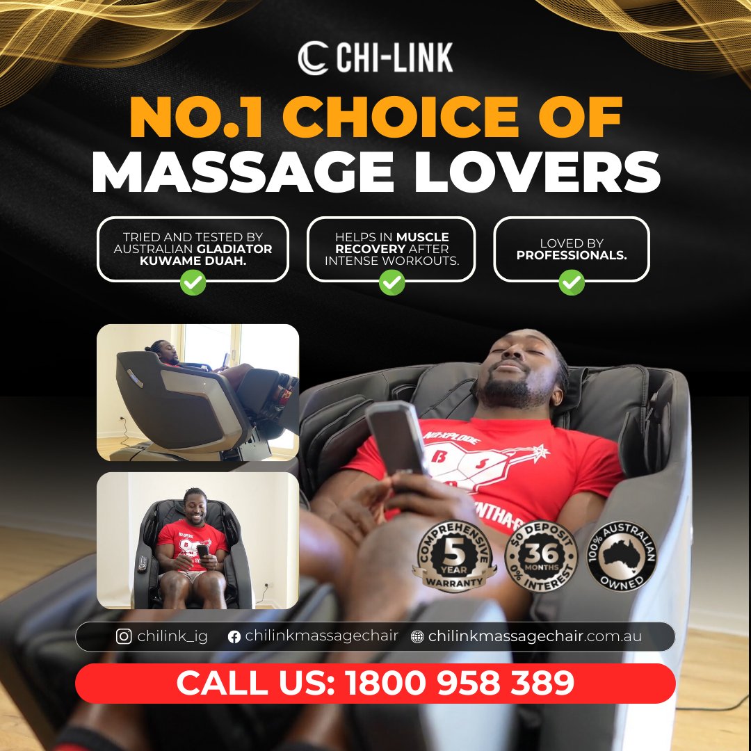 Chi-Link, the preferred choice for massage aficionados, including the esteemed Kuwame Duah.

Contact us today!
📞 : +61 1800 958 389
📩info@chilinkmassagechair.com.au
🌐 Website: contact.chilinkmassagechair.com.au/social_media_p…

#ChiLink #Wellness #ProfessionalRelaxation #brisbane #sydney #melbourne