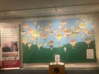 We are celebrating 30years supporting pw #aphasia at Dyscover & in the lead up to Saturdays Ball a fantastic display of our Members Art with words describing what Dyscover has meant to them is up at #Leatherhead #Theatre this week - do pop in!