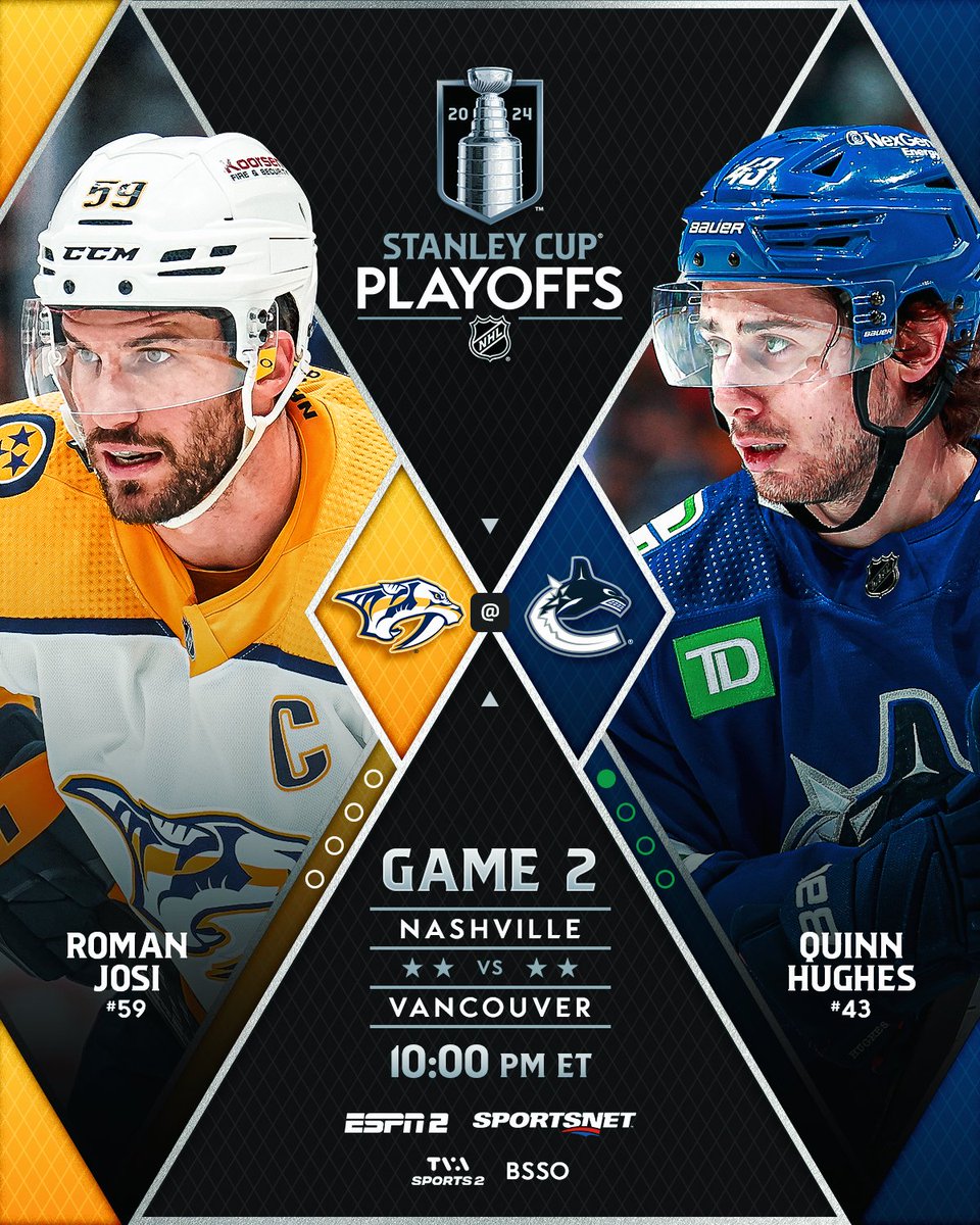 The @Canucks were victorious in the first #StanleyCup Playoffs game in Vancouver since 2015. Will the @PredsNHL even the series in Game 2? Catch the game at 10 p.m. ET on @ESPN 2, @Sportsnet and @TVASports. #NHLStats: media.nhl.com/public/news/17…