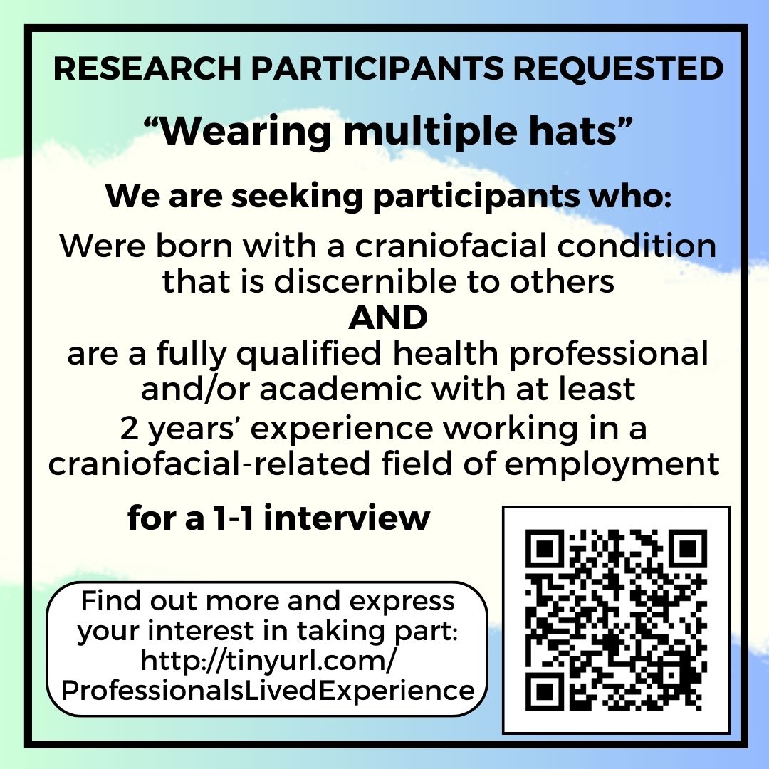 Our new study is exploring the experiences of people with #cleft and #craniofacial conditions who go on to pursue a career in the same field. You must be a fully qualified health professional/researcher with 2+ years of experience. Express your interest: tinyurl.com/LivedExpProfes…✨