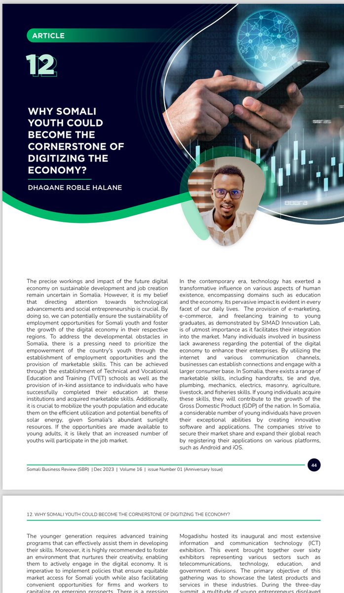 Dhaqane Halane (@dhroble) on Twitter photo Since the most accomplished entrepreneurs globally have been in tech-business, I tried to write how Somali youth could utilized the tech and become the cornerstone of the digitalizing the economy?” Issued by <a href="/SomaliBizReview/">Somali Business Review (SBR)</a> of <a href="/SIMADUniversity/">SIMAD University</a>
Read read bit.ly/49MyEEo Since the most accomplished entrepreneurs globally have been in tech-business, I tried to write how Somali youth could utilized the tech and become the cornerstone of the digitalizing the economy?” Issued by <a href="/SomaliBizReview/">Somali Business Review (SBR)</a> of <a href="/SIMADUniversity/">SIMAD University</a>
Read read bit.ly/49MyEEo