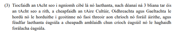 Baineadh Acht na dTeangacha Oifigiúla (Leasú) amach mí na Nollag 2021. Tugadh 3 bliana don Aire Gaeltachta san Acht le dualgais ar leith ann a chur i bhfeidhm - i.e. roimh Nollag 2024.