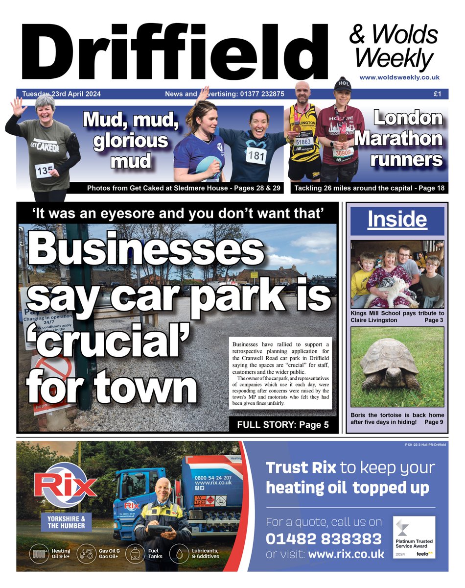 This week's #Driffield & @WoldsWeekly is out now.
🚘 Businesses show support for town centre car park
🏅 Local runners complete London Marathon
🐢 Boris the Tortoise is found after 5 days missing
🏃‍♂️ Photos from Get Caked & Wolds Way Ultra Marathon
🏉 One step closer to Twickenham