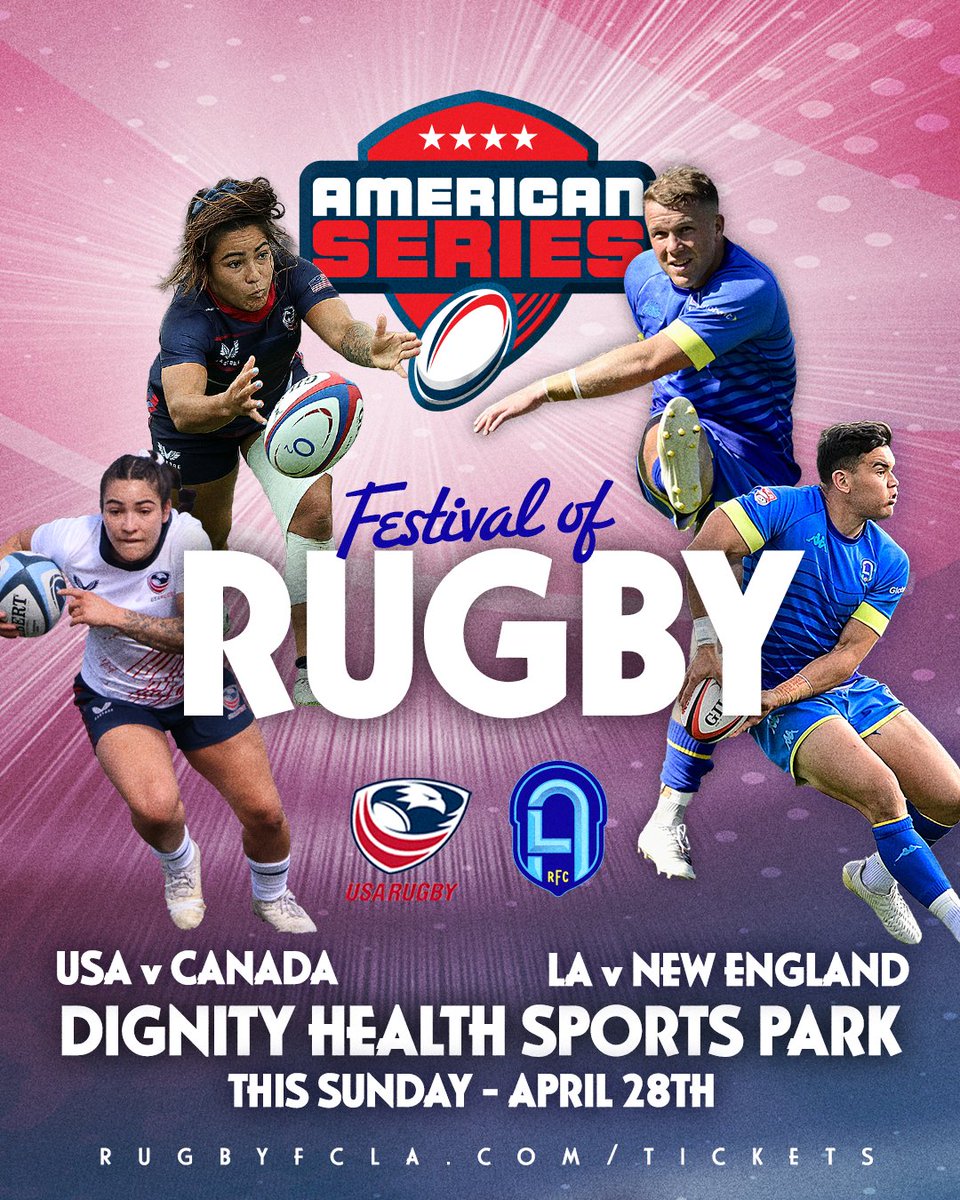 A Festival of Rugby is heading to @dignityhealthsp this Sunday! Boy & girls clinics, @USARugby Women’s International, and @USMLR all in one location. Gates for the stadium open from 1pm. 🎫: RugbyFCLA.com/tickets & Eagles.rugby