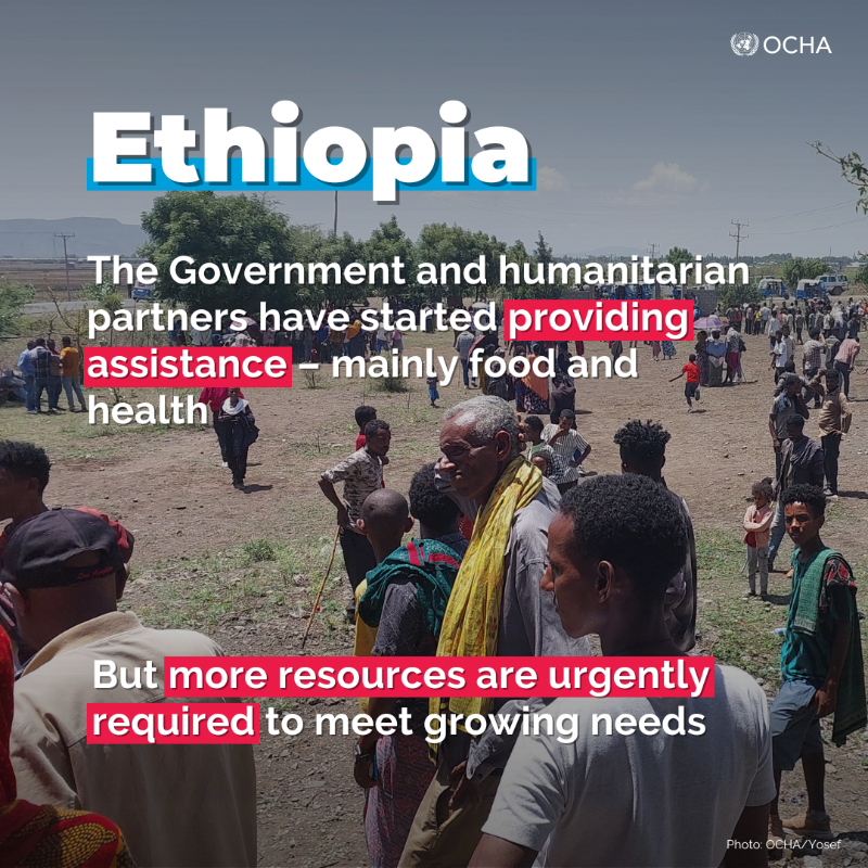 UNOCHA's tweet photo. 📍#Ethiopia, Amhara Region
🔴 Recent armed clashes have displaced nearly 50K people.
🔴 People are facing a serious food and water shortage.
🔴 Families are sheltering in open areas.
Humanitarians urgently need more resources to provide life-saving assistance.
Latest Update ⬇️