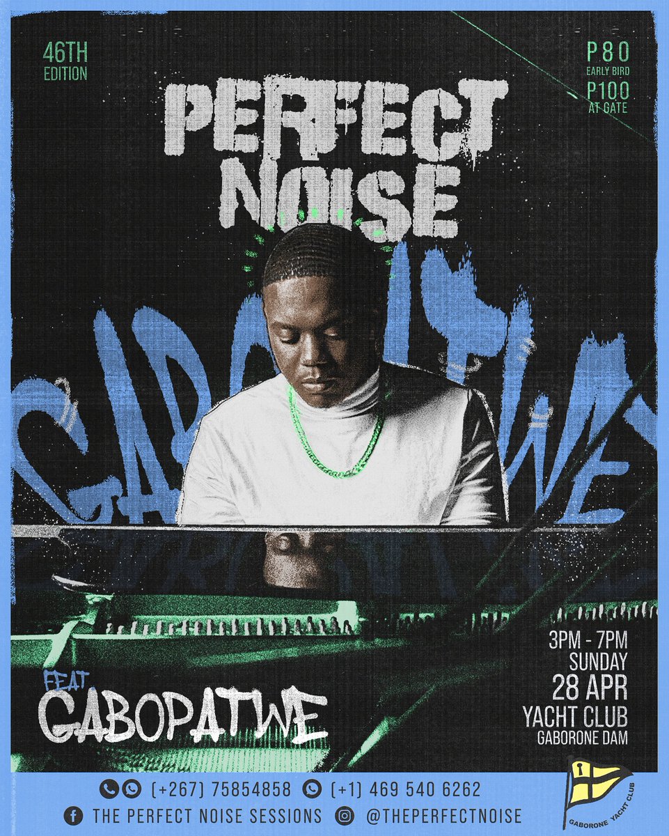 This Sunday is 'GABOPATWE LIVE AT THE PERFECT NOISE 🎷🎹
🕑 Time: 3pm - 7pm
📍 Venue: Yacht Club, Gaborone Dam
🖼️ Early bird tickets are priced at P80, while tickets at the door will be P100. Limited space available! Don't miss out! 🎟️'