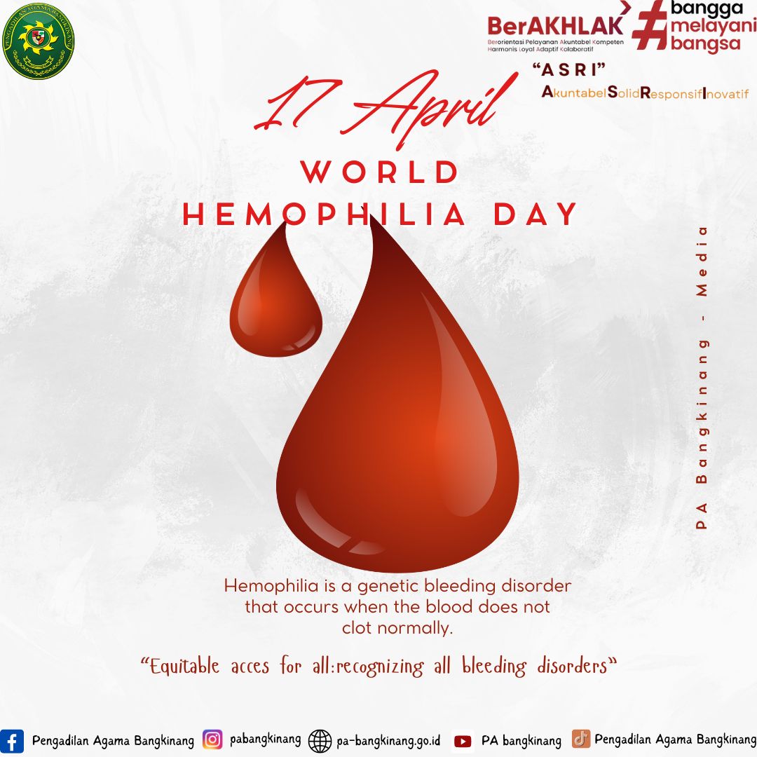 Keluarga Besar Pengadilan Agama Bangkinang Kelas IB mengucapkan:

Selamat Hari Hemofilia Sedunia
17 April 2024

Hemofilia merupakan gangguan pembekuan darah yang disebabkan oleh kurangnya suatu protein yang membuat darah sulit membeku dengan baik.
