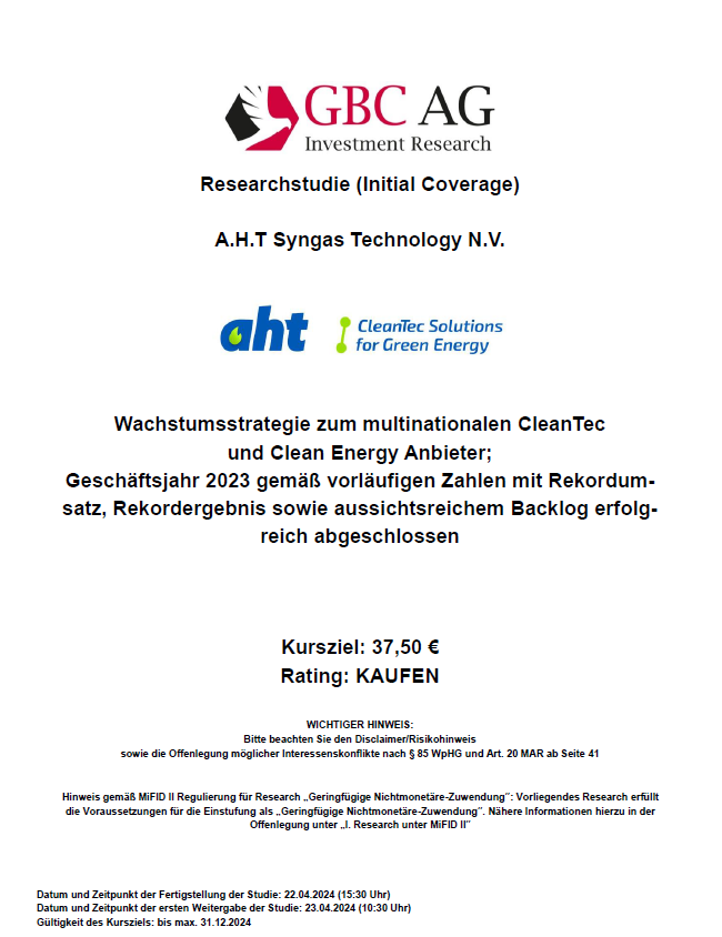 #AHTSyngasTechnologyNV #ResearchInitialCoverage Rating: Kaufen Kursziel: 37,50 € 'Wachstumsstrategie zum multinationalen CleanTec und Clean Energy Anbieter' #SmallCaps #Börse #Aktie #Research #Technologie t1p.de/yp05d