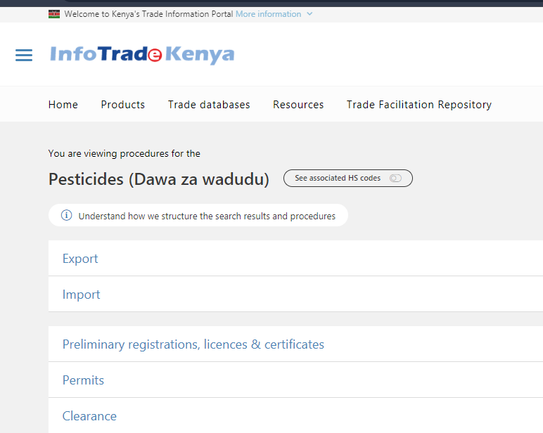PCPB in collaboration with Kentrade have documented procedure for importing and exporting pest control products into/or out of Kenya. Visit infotradekenya.go.ke/objective/sear… for more information