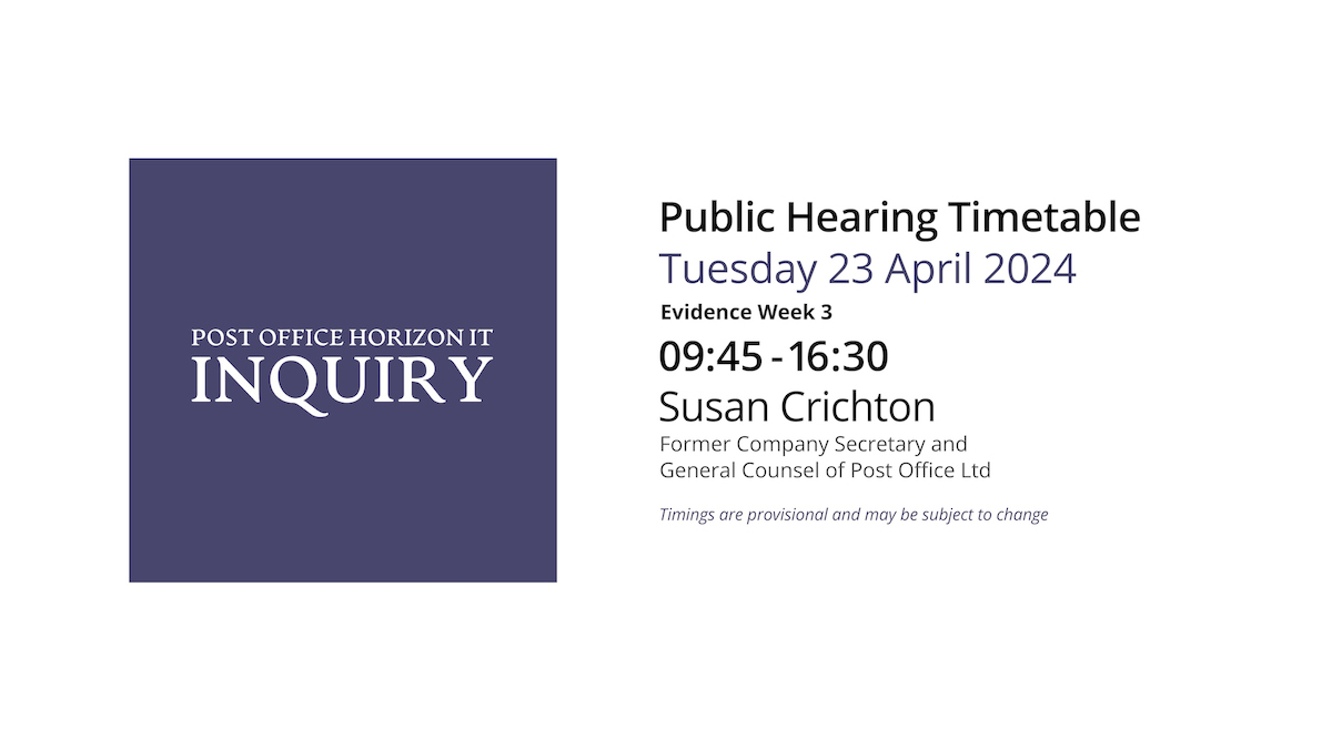 Today's proceedings will begin from 0945. We will hear evidence from Susan Crichton, former Company Secretary and General Counsel of Post Office Ltd. Follow the proceedings via our YouTube channel 👇 youtube.com/live/gDJHAZEPS… #PostOfficeInquiry