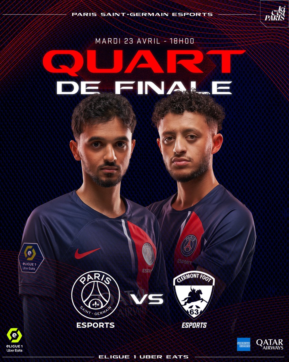 Tous derrière l'équipe FC24 du @PSGeSports dans ce 𝐐𝐔𝐀𝐑𝐓 𝐃𝐄 𝐅𝐈𝐍𝐀𝐋𝐄 de l'eLigue 1 🎮⚽

🏆 @eLigue1UberEats
⌚️ 18:00 CEST

🔴 #AllezParis 🔵