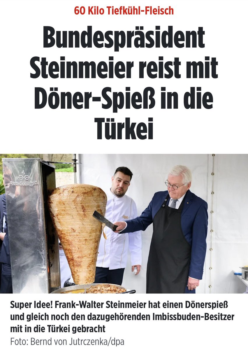 Die Sonne scheint, die Vögel zwitschern. Ein guter Tag, den Staat zu delegitimieren und den Bundespräsidenten zu verhöhnen, muss sich wohl ein Mitarbeiter von #Steinmeier gedacht haben und lässt ihn bei einer Auslandsreise einen #Döner zubereiten.