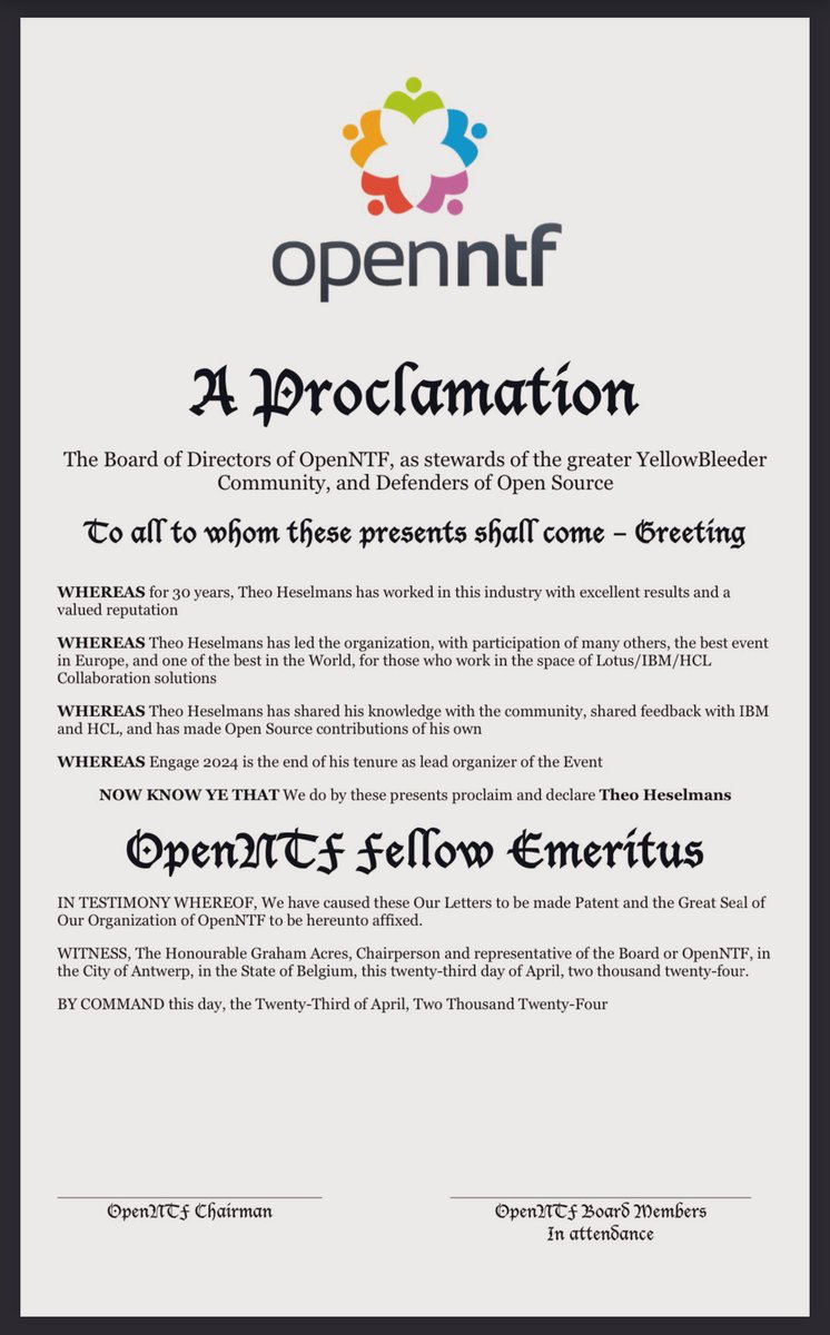 OpenNTF (@openntf) on Twitter photo A Proclamation from the Board of Directors of OpenNTF: We do declare Theo Heselmans
“OpenNTF Fellow Emeritus”!
Thank you <a href="/theoheselmans/">🤓 Theo Heselmans (@theoheselmans@mas.to)</a> #engageug A Proclamation from the Board of Directors of OpenNTF: We do declare Theo Heselmans
“OpenNTF Fellow Emeritus”!
Thank you <a href="/theoheselmans/">🤓 Theo Heselmans (@theoheselmans@mas.to)</a> #engageug