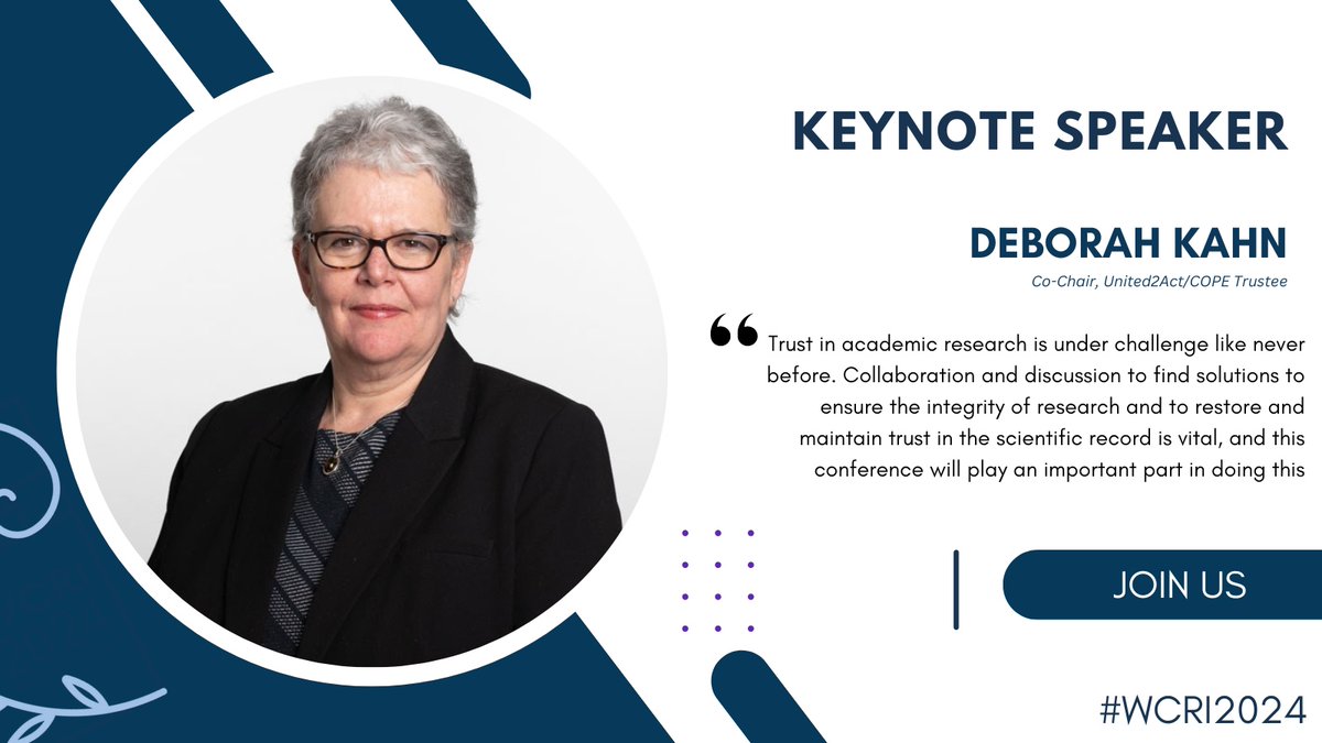 Meet our Keynote Speaker Deborah Kahn! Her insights into the ever-evolving landscape of academic publishing and her pioneering work in areas like open access and research integrity make her a true trailblazer in the field. Meet our Keynote Speakers wcri2024.org/keynote-speake… #WCRI