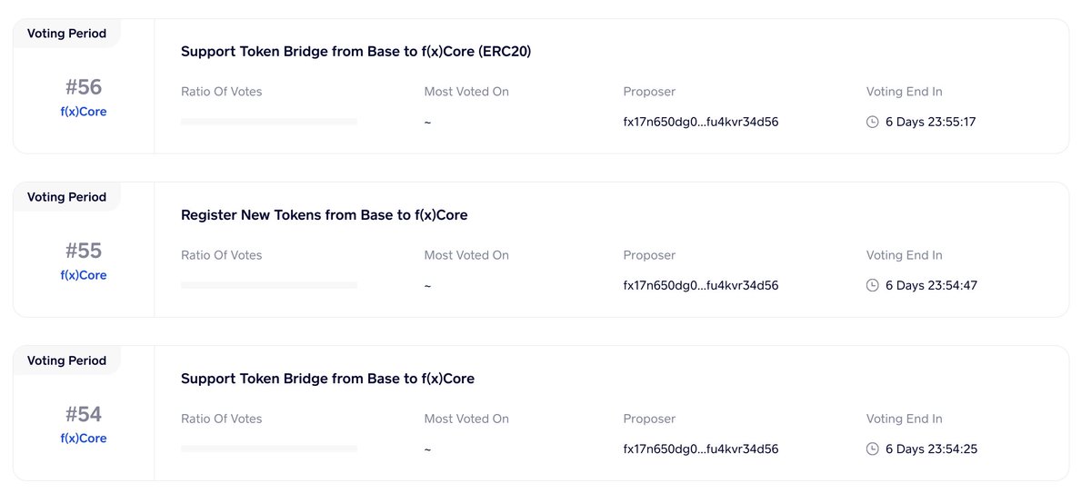 🚨🚨🚨 We currently have 3 governance proposals live on @StarScan_io! Proposal #54 - Register tokens that are already live on f(x)Core (but not on Base) to be bridgeable to @base Proposal #55 - Register tokens on @base that are not live on f(x)Core, so that users can bridge