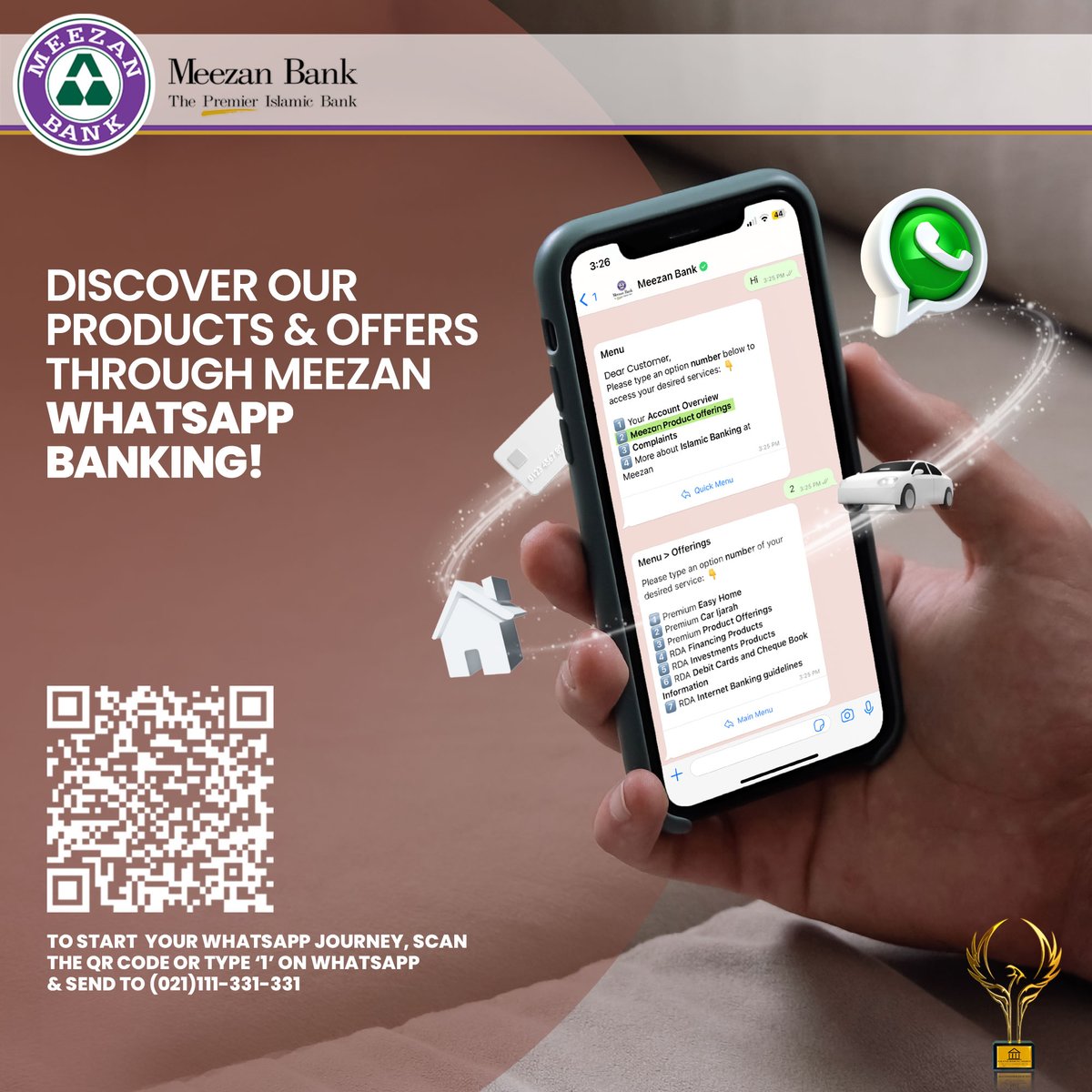 Unlock a World of Convenience!

Through Meezan WhatsAppBanking, you can easily get details on our wide range of products and offers with just a message.

Start using MeezanBank's WhatsAppBanking now: wa.me/+9221111331331…