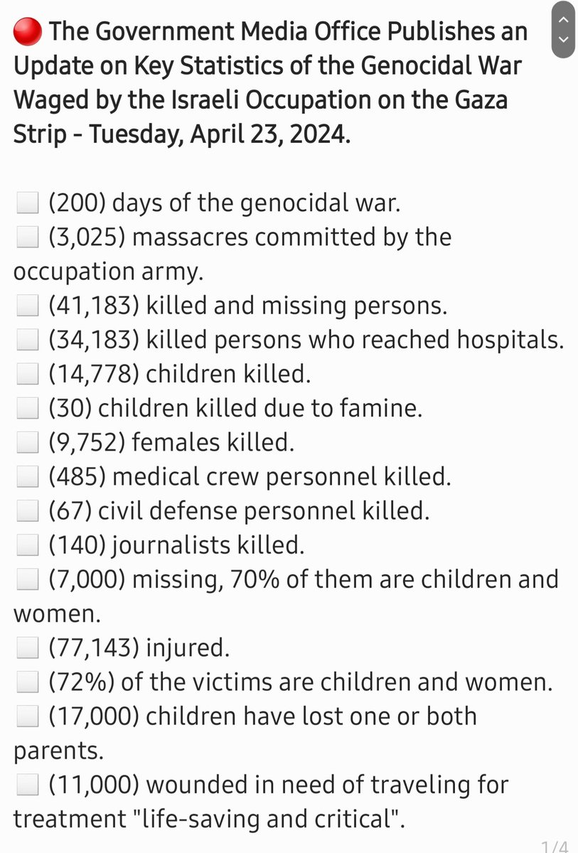 Alraypsen's tweet photo. 200 days of the Israeli genocidal war waged on the Gaza Strip.
An update by the Government Media Office in Gaza.
Tuesday, April 23, 2024.

#Gaza
#GazaGenocide https://t.co/OjOEiO5ADc