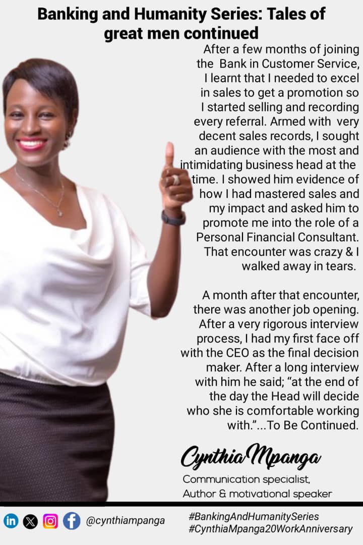 The biggest impediment to progression is listening to well-intentioned but limited Nay-sayers! Today in the #BankingAndHumanitySeries I share how I moved from up customer service in the bank! 20 Years Lesson #8/20 #CynthiaMpanga20WorkAnniversary