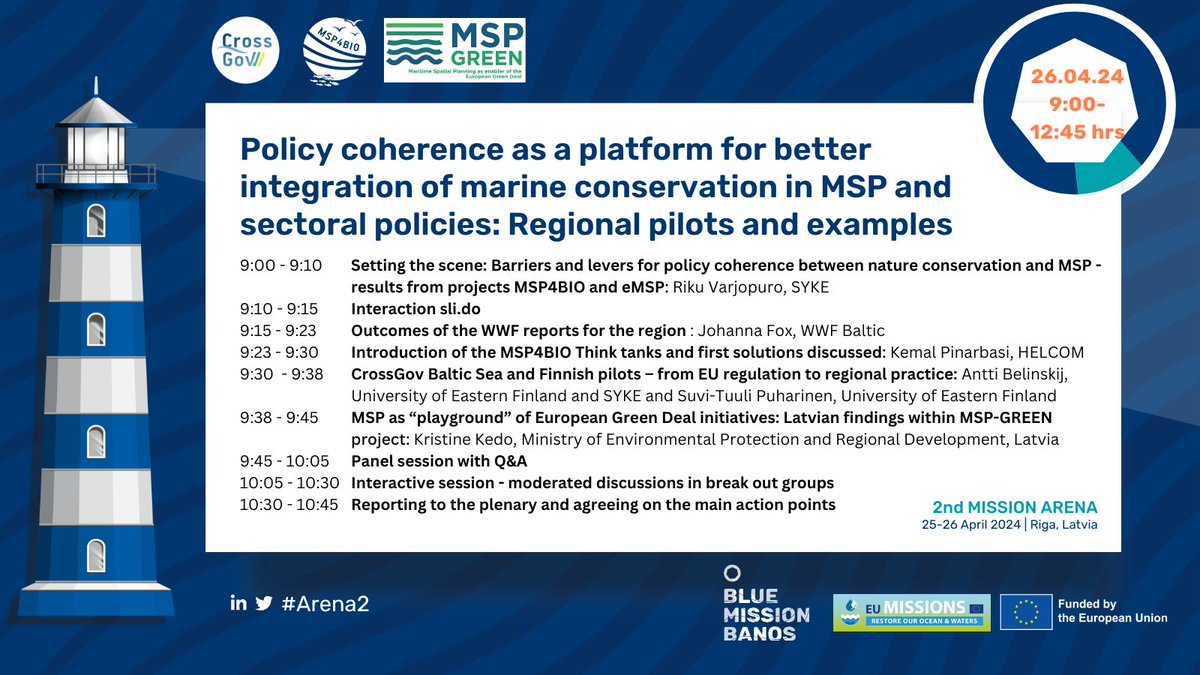 MSP4BIO_Project's tweet photo. Last chance to join our #MarineConservationWorkshop during the #MissionArena2
@MissionBANOS
on 📆26 Apr in 📍Riga 🇱🇻
Interact with top speakers & push for #MSPintegration. Ft. #MSP4BIO, #eMSPNBSR, @CrossGovProject & more.
🙌🏻Don't miss out!
👇🏻Check the event agenda here below👇🏻 https://t.co/BBB9VTOdI8