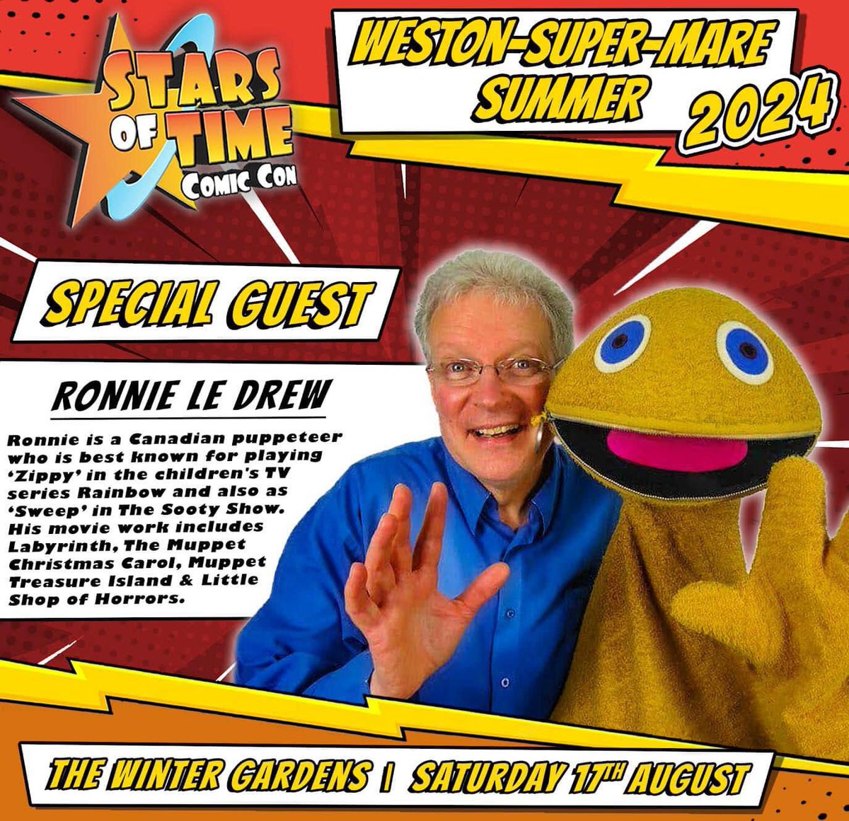 Meet RONNIE LE DREW 🌈 STARS OF TIME COMIC CON Sat 17th August THE WINTER GARDENS @Punchand @WestonSeafront #ComicCon @visitweston #cosplay @VisitBristol @WestonSeafront @SuperWeston #zippy #sooty #puppet 

Book Your Tickets at: eventbrite.co.uk/e/stars-of-tim…