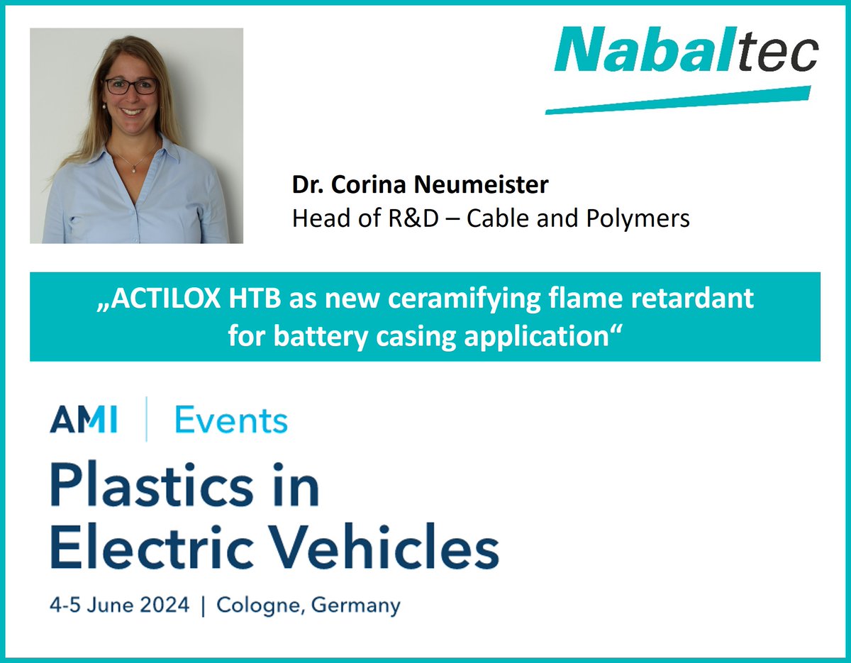 Nabaltec_AG's tweet image. What do you know about ceramifying flame retardants for battery casing applications? Join Corina Neumeister´s presentation at AMI Plastics in Electric Vehicles (June 4-5) and learn more about #halogenfree ceramifying #flameretardants for glass fiber reinforces #thermoplastics.
