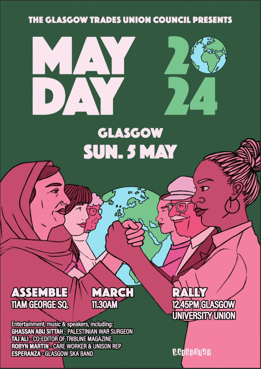 📢Glasgow May Day March & Rally 2024| Sunday 5th May🚩 Rally Speakers: @GhassanAbuSitt1, @Taj_Ali1, Derek Thomson @UniteScotland, Thora Hands @EISFela @CogcEis, Robyn Martin @unisonscot and music from Esperanza 🎶💃🏻 Assemble 11.00am George Sq March 11.30am Rally 12.45 GUU