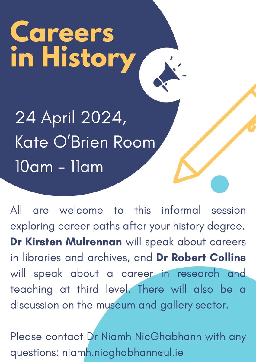 All are welcome to this info session on careers in history, exploring research & teaching at third level, archives & libraries, & museums & galleries - tomorrow, @UL @ResearchArtsUL @HistoryUL @StudyArtsUL - please do share!