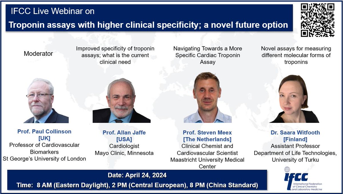 Mark on your agenda next #IFCCWebinar on “Troponin assays with higher clinical specificity; a novel future option”. Date: 24th April 2024 Certificate of participation available for all registrants Register here: workcast.com/register?cpak=… #IFCCLiveWebinars #webinar #ifcc
