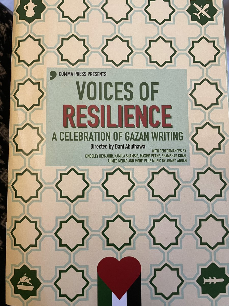 Book launch and poetry reading Voices of Resilience took place at #HOME yesterday. Getting in the building we had to go through a ‘checkpoint’, showing ID cards. But thankfully the organisers draped the Palestinian flag on the stage during the discussion. 1/3