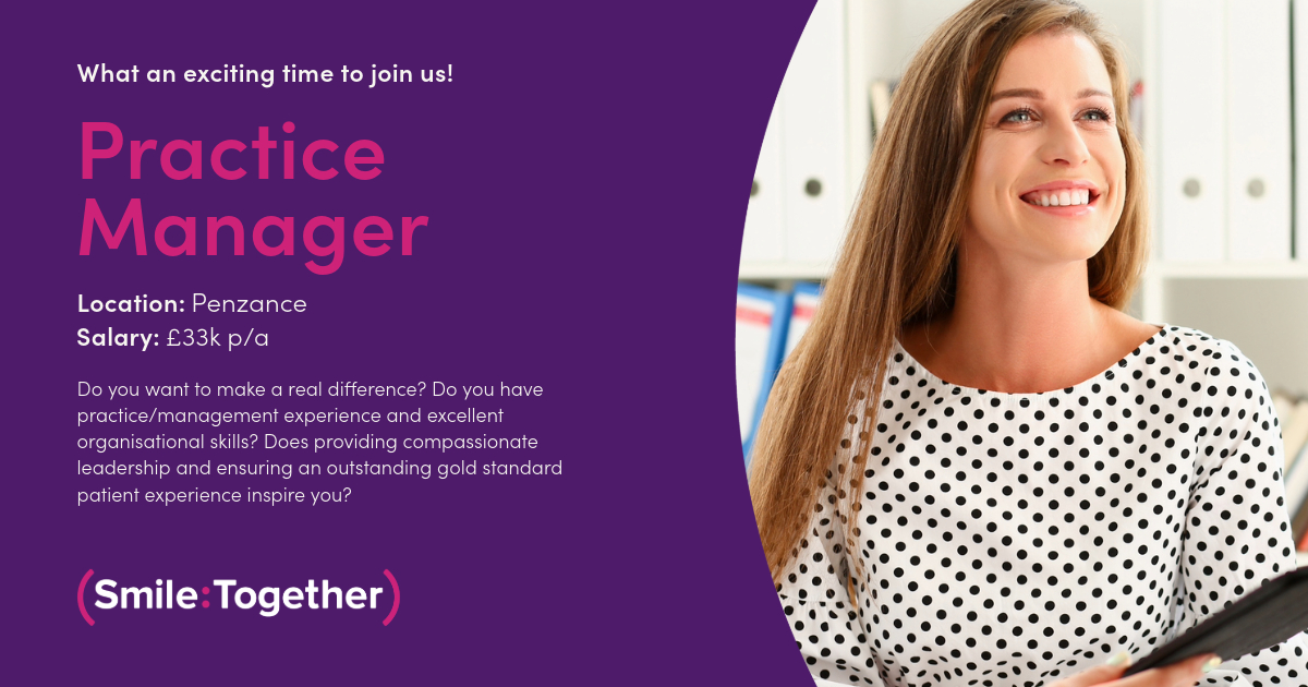 Incredibly exciting opportunity for a #PracticeManager to join our team in #Penzance to support our continuing #businessgrowth and development. #SmileTogether is a a committed and friendly team that puts our people and patients first💼💻🦷

smiletogether.co.uk/careers-portal…
