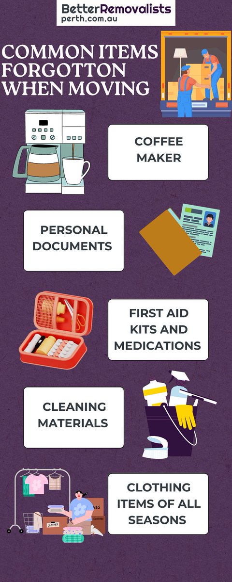 brperth's tweet image. Moving house is always a physical and mental challenge. Here are the 10 common items forgotten when moving. Visit to know more, betterremovalistsperth.com.au/10-common-item…
#moving  #movingtips #relocation