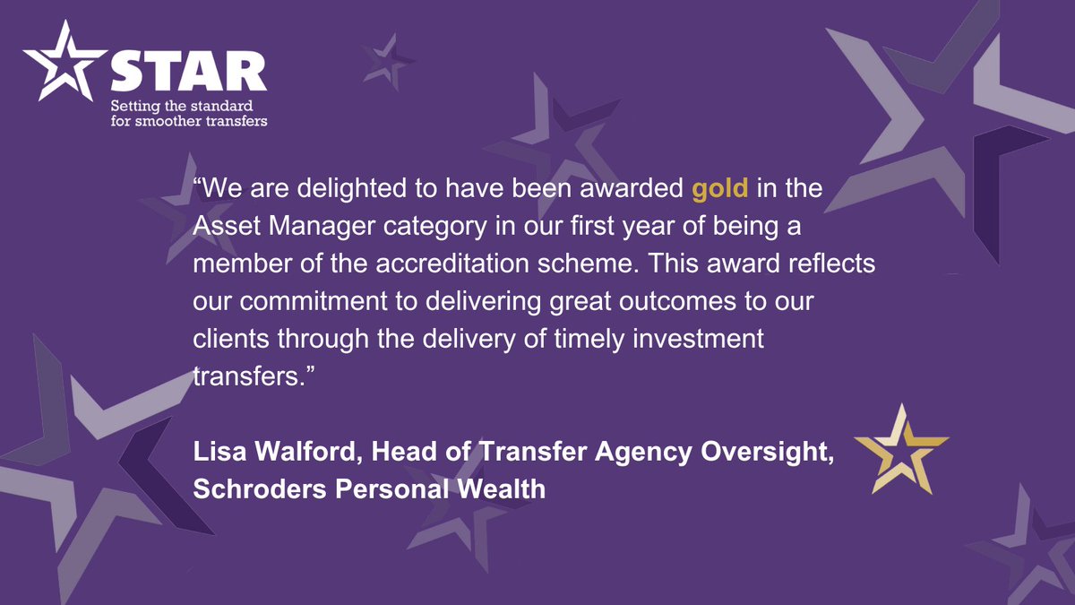 STAR_Transfers's tweet photo. In the 2024 accreditations, @schroders_pw was awarded gold in the asset manager category, in its first year reporting MI. https://t.co/v1GpvDuTxa https://t.co/n6Yd70wbOG