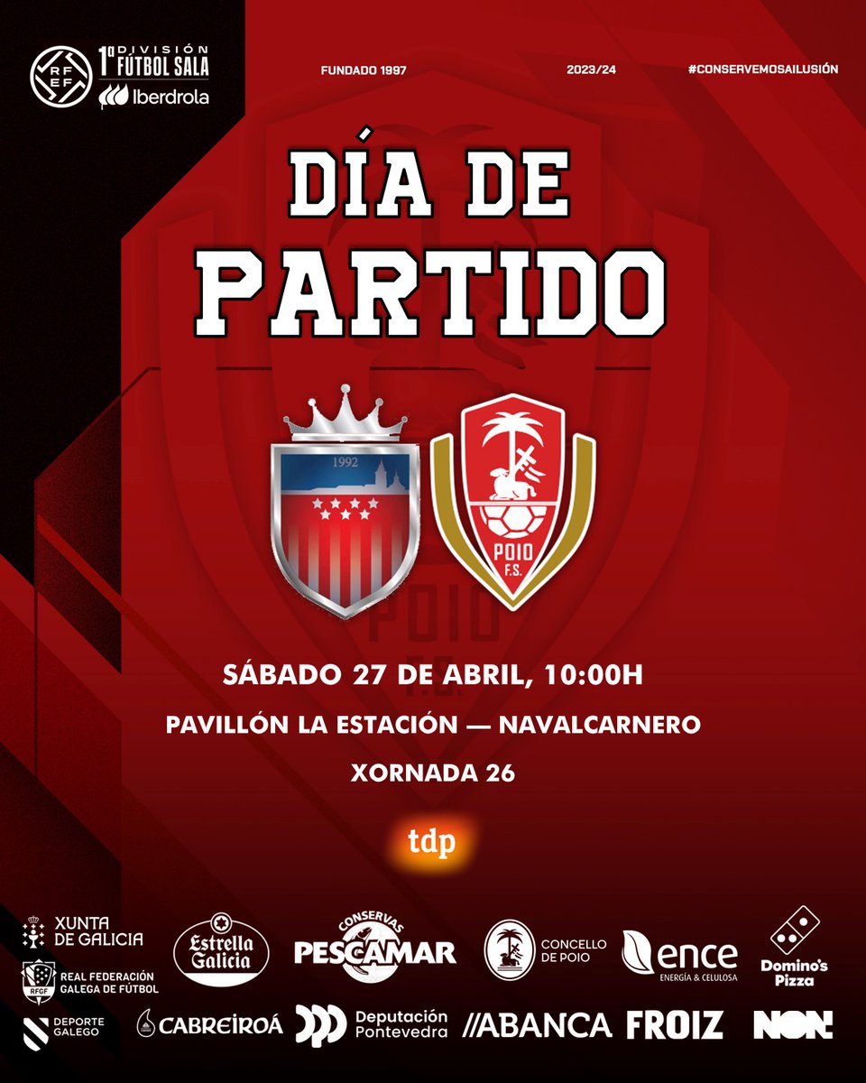 🗓️ Sábado 27 de Abril | 10:00h

🏟️ Pavillón La Estación, Navalcarnero

🆚 @futsi_atletico | 26ª Xornada #PrimeraIberdrolaFS

📺 Directo en @teledeporte

#PoioPescamar #FutsiPoio #ConservemosAIlusión #EncePlanSocialPontevedra