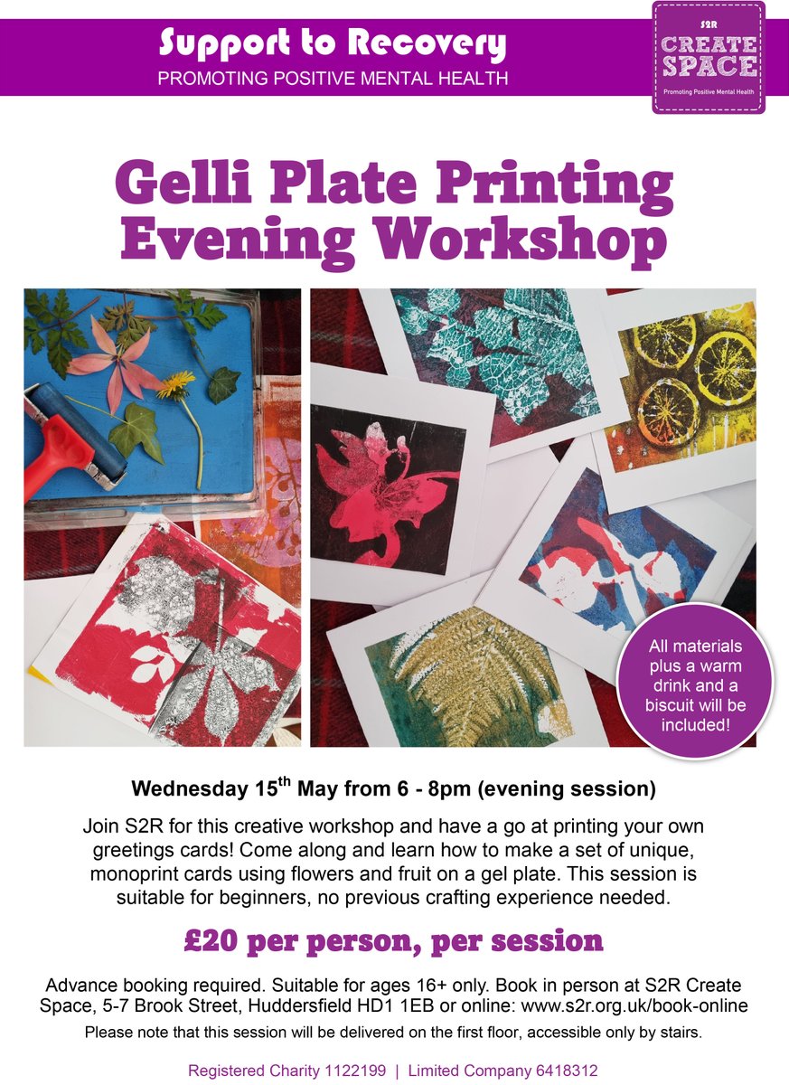 Gelli Plate Printing Evening Workshop Wednesday 15th May from 6 - 8pm. Make a set of 6 monoprint greetings cards with good company, drinks & biscuits for only £20 per person. Book your place at: s2r.org.uk/book-online @cr8tivekirklees @Creat1ve_M1nds @CreativeSceneWY @HuddsHub