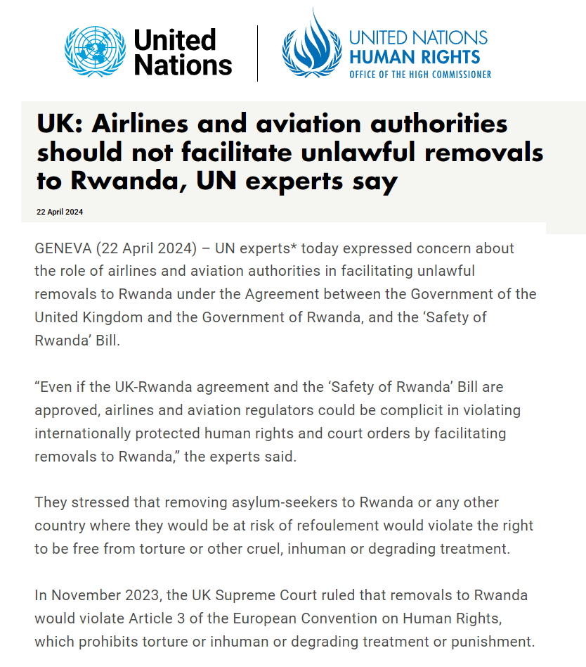 Airlines and aviation authorities should not facilitate unlawful removals to Rwanda, UN experts say. How long before the Tories start saying we need to quit the UN as well as the #ECHR? #RwandaNotInMyName #RwandaBill ohchr.org/en/press-relea…