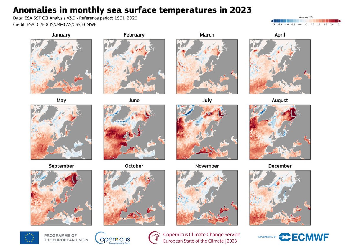 #ImageOfTheDay 

⬇️ This #DataViz is based on information from the #ESOTC Report 2023, published yesterday by our #CopernicusClimate Change Service (C3S) 

It shows the monthly Sea Surface Temperature anomalies throughout 2023 around Europe