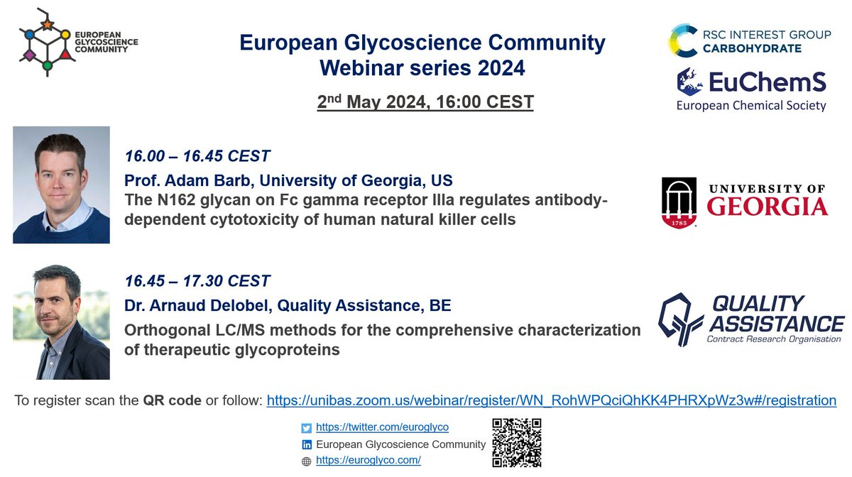 📢The next EGC webinar is on 02/05 at 4 PM CEST with speakers Adam Barb (@universityofga) and Arnaud Delobel (@QA_Belgium). Register via the link below and don't miss this #glycotime! 📅tinyurl.com/e79wra5z @ozglyco @glycoworld @glyconet_nce @acs_carb @EuChemS @Glyco_Alps