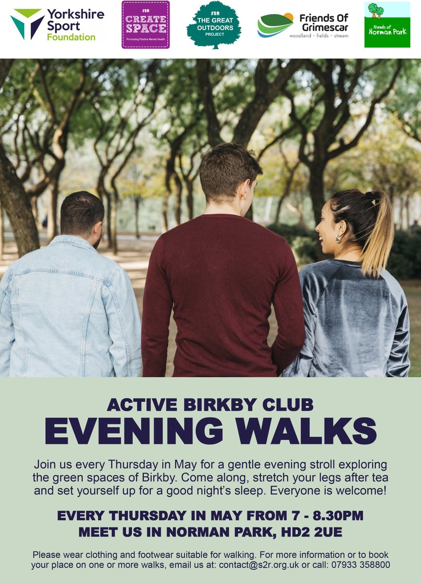 NEW Evening Walks! Join us every Thursday in May & explore the green spaces of Birkby. Meet us in Norman Park, Birkby HD2 2UE just before 7pm. For more info or to book, email: contact@s2r.org.uk @HuddsHub @ServiceWellness @KirkleesComPlus @tslkirklees @locala @HWKirklees
