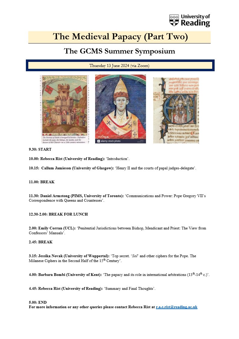 UniRdg_GCMS's tweet photo. GCMS Director: The GCMS is very much looking forward to this year's GCMS Summer Symposium on 'The Medieval Papacy: Part Two' to take place on Thursday 13 June via Zoom. We look forward to welcoming once again some impressive church historians! See below for details. All welcome! https://t.co/tbsWrekBms