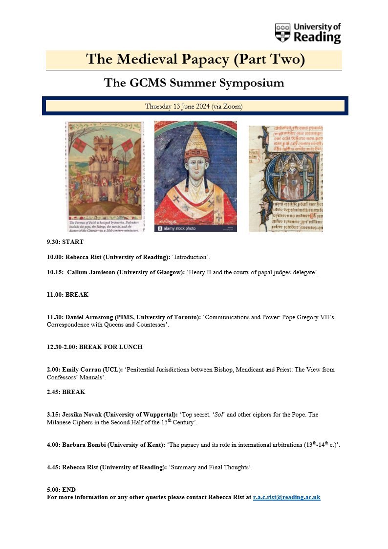 GCMS Director: The GCMS is very much looking forward to this year's GCMS Summer Symposium on 'The Medieval Papacy: Part Two' to take place on Thursday 13 June via Zoom. We look forward to welcoming once again some impressive church historians! See below for details. All welcome!