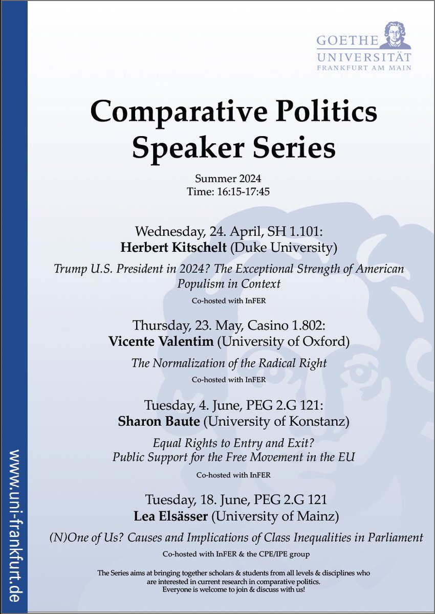 We are super excited to host Herbert Kitschelt here in Frankfurt @goetheuni @InFER_Frankfurt tomorrow! He'll talk about the Exceptional Strength of American Populism in Context. Also check out the rest of this stellar line up: @ValentimVicente, @SharonBaute, @ElsasserLea!