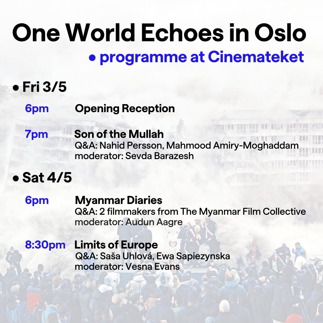 One World Echoes in Oslo is organised in partnership with @jedensvet @HUMANIDFF @cinemateket @CzechEmbassyNO @FrittOrd Embassy of Sweden in Oslo @NobelPeaceOslo Tjeckiska Centret Stockholm CRPH Support Group Norway @iranhr @people_in_need @HRHFoundation