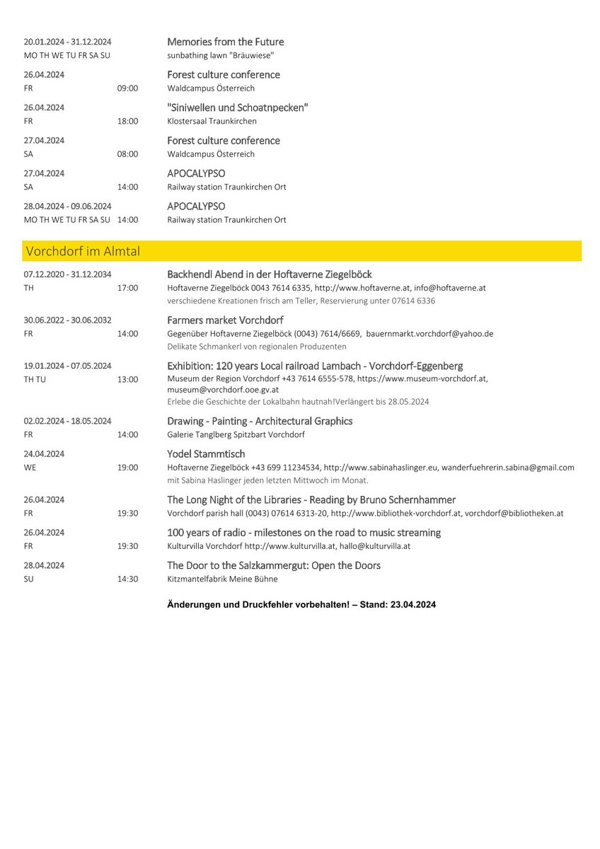 Events from 23.4. to 29.4. in Gmunden and surroundings. #gmunden #ferienwohnungenp2gmunden #traunsee #traunstein #gmundentraunsee #ferienwohnungenp2 #altmünster #ebensee #scharnstein #almtal #traunkirchen #vorchdorf #ferienregionalmtal #traunseealmtal #kulturhauptstadt