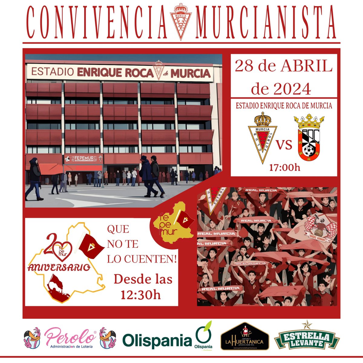 feperealmurcia's tweet photo. XX ANIVERSARIO FEPEMUR 🔴⚪

ESTE DOMINGO 28 de ABRIL tendremos el primer acto, una bonita CONVIVENCIA MURCIANISTA con comida, bebida, música, sorteos, sorpresas... abierta como siempre a todo el murcianismo.

Y después todos juntos llevaremos al @realmurciacfsad en volandas en su partido ante el @ADCeuta_FC ⚽🙌🏽

TE ESPERAMOS 🫵🏼

@LoteriasPerolo 
@estrellalevante 
@Olispania 
#jamoneslahuertanica