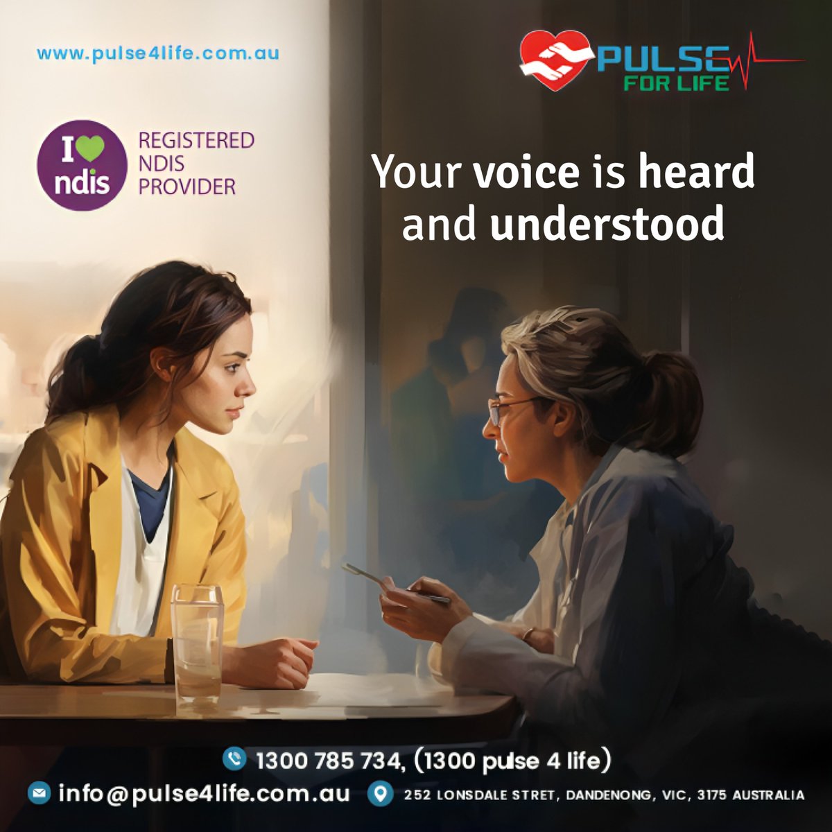 Let's create a space where everyone feels heard and understood
𝙂𝙚𝙩 𝙞𝙣 𝙩𝙤𝙪𝙘𝙝 𝙬𝙞𝙩𝙝 𝙪𝙨.
📞 1300Pulse4life (1300 785 734)
🌐 pulse4life.com.au
252 Lonsdale Street, Dandenong, VIC 3175

#ndisregisteredprovider #disability #agedcare #registerednurse #socialworker