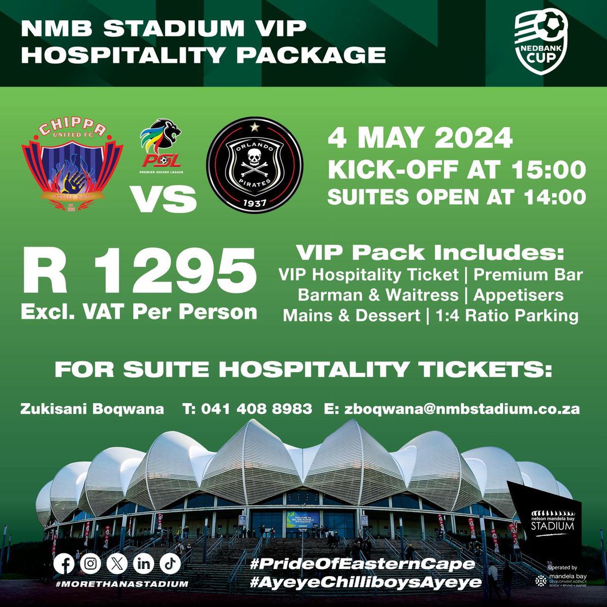 VIP Hospitality tickets for the Nedbank Cup Semi-Final are on sale Final Cut off date to buy VIP tickets is on the 1 May 2024 at 12:00pm ⚽️ @ChippaUnitedFC Vs @orlandopirates 🗓️ 4 May 2024 - Saturday ⏰ 15:00pm 🏟️ Nelson Mandela Bay Stadium #ourstadium #NedbankCup #Gqeberha