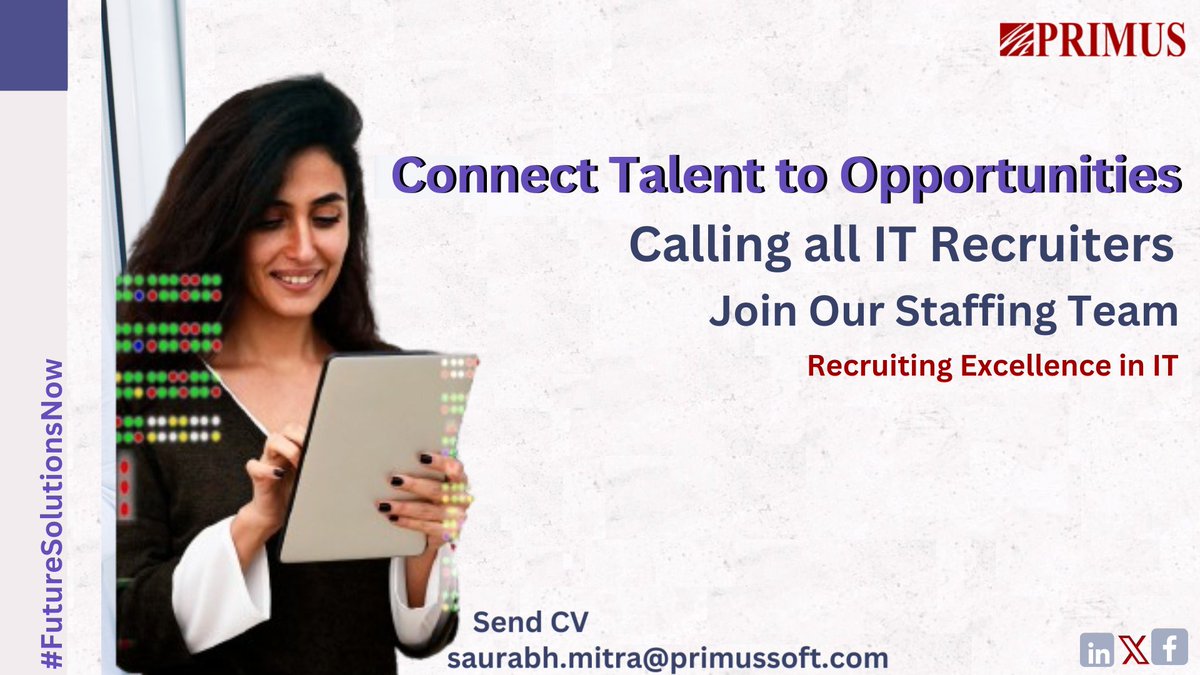 #HiringAlert 
Are you passionate about forging connections and staying ahead of #technologytrends? #Primus wants YOU to join our dynamic team as US IT Recruiter.

Apply now at lnkd.in/evuQtMWm and be part of #TeamPrimus!

#PrimusSoftwareCorporation #JoinOurTeam #Hiring