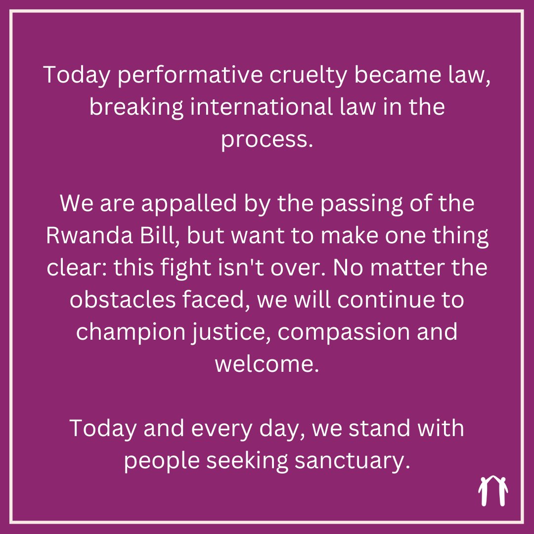 📢 We stand with people seeking sanctuary. Our statement on the passing of the #Rwanda Bill. ⬇️