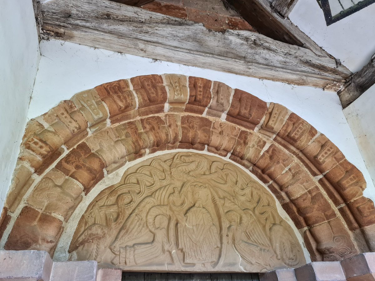 bcdyingmuseum's tweet photo. Sandstone Norman Tympanum and the only complete beakheads in Worcestershire. Christ with angels & biting dragons at St Kenelm, Romsley.
#tympanumtuesday #stkenelm #clent #dragons #beakheads #romanesque https://t.co/6sbwCayHnj