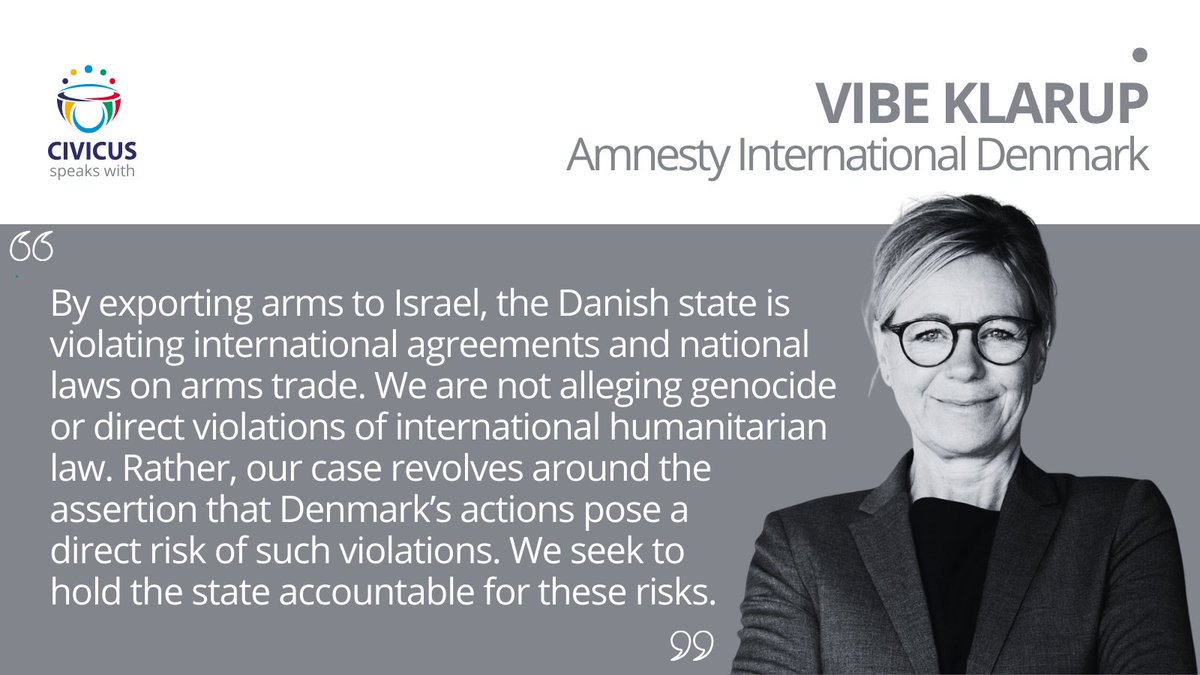 🇩🇰DENMARK: ‘Many are eager to see tangible action to address the situation in Gaza’ - @VibeKlarup of @amnestydk speaks about the joint civil society lawsuit brought against the Danish state to stop Danish arms exports to Israel. 🔗web.civicus.org/VibeKlarup #CIVICUSLens